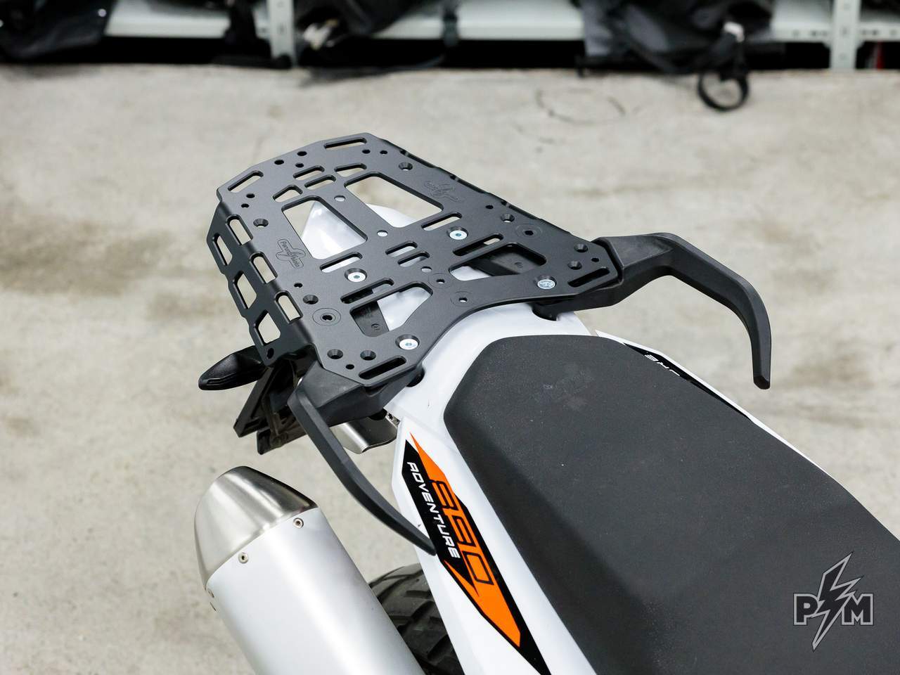 Perun moto Billet top rack Large for KTM 790 & 890 Adventure installed with OEM grab handles