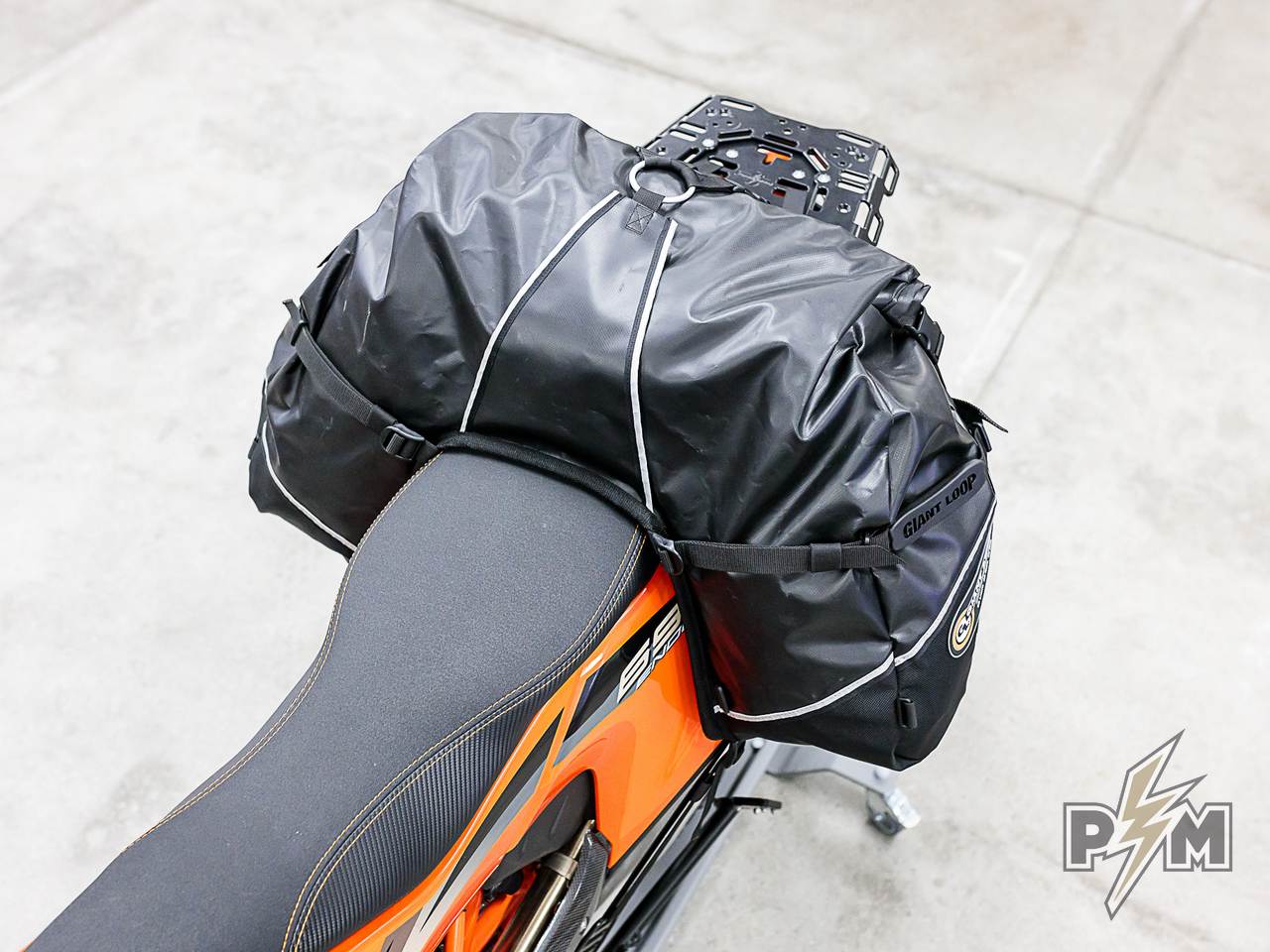 Perun moto KTM 690 Luggage rack, Extension plate and Heel guards with Giant Loop Great Basin
