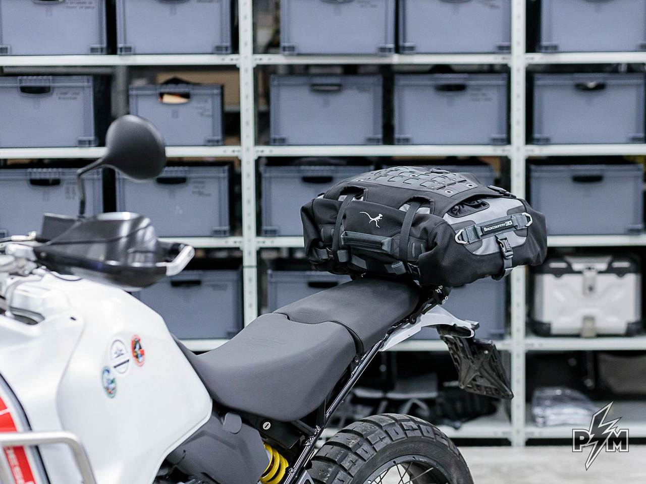 Perun moto Ducati DesertX Top luggage rack with Mosko moto Backcountry duffle