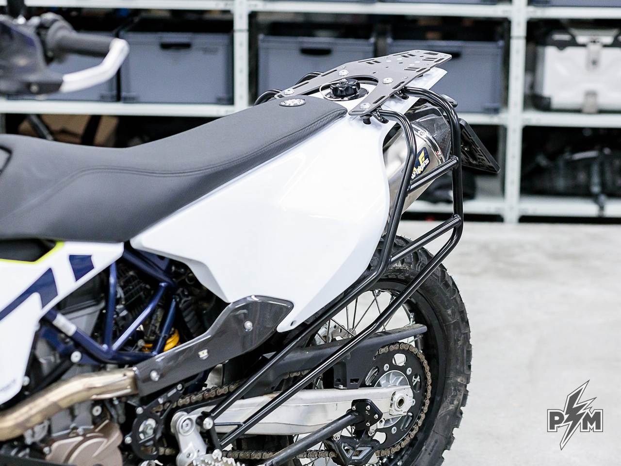 Perun moto Husqvarna 701 Luggage rack and Vanasche minimalist pannier racks