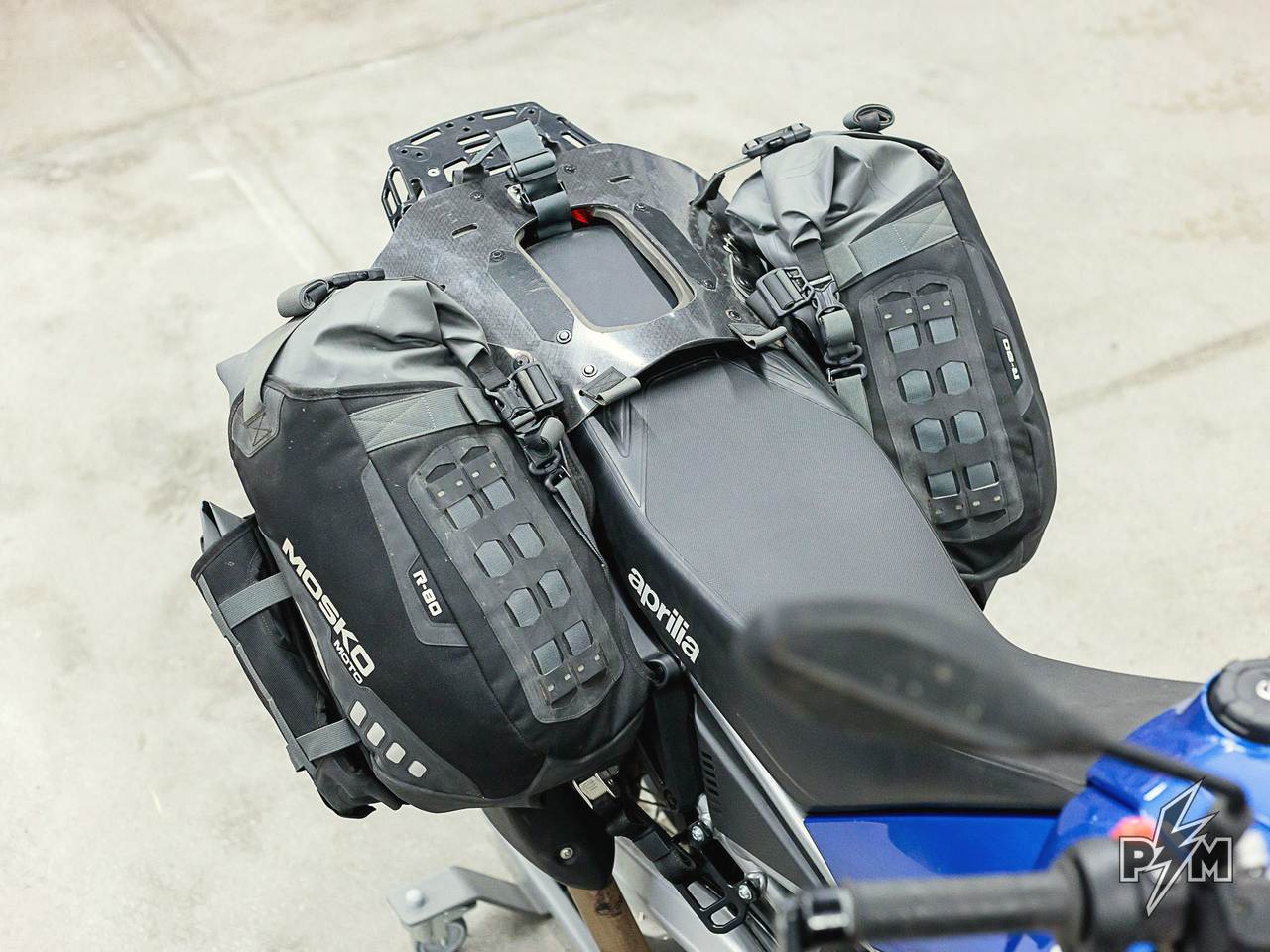 Perun moto Aprilia Tuareg Top luggage rack and Tie-down brackets with Mosko moto Reckless 80