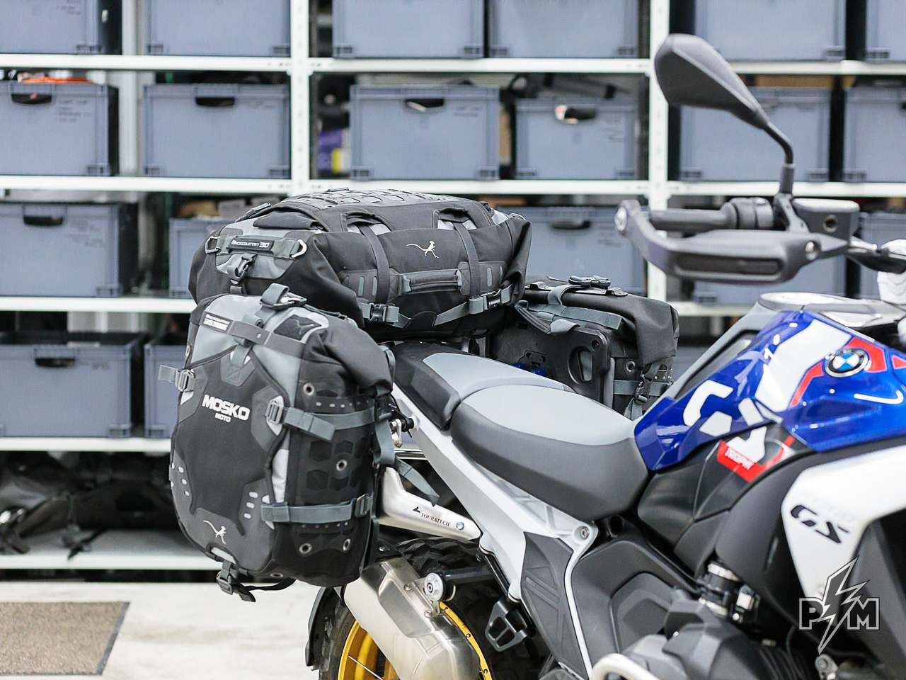 Perun moto top luggage rack sport and Touratech pannier rack integration kit with Mosko moto Backcountry panniers