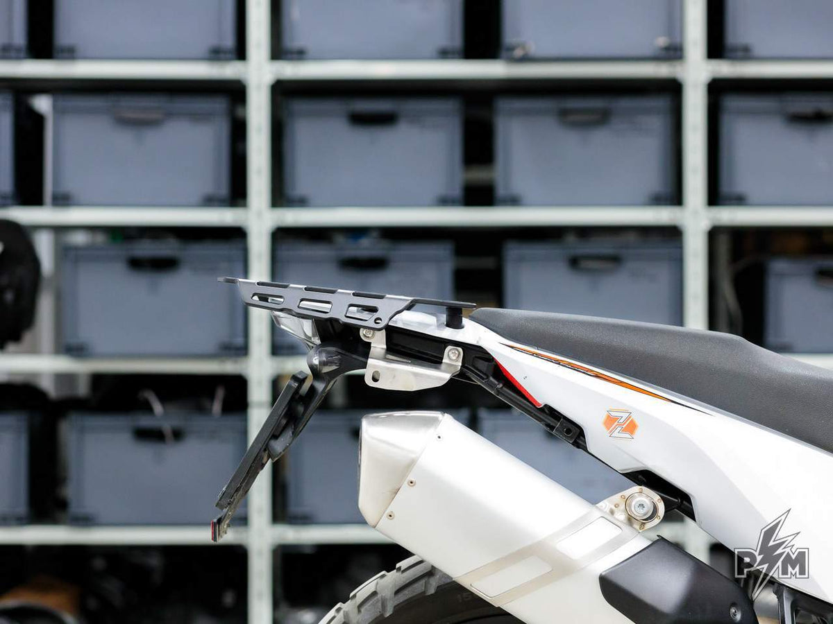 Perun moto Billet top rack Large for KTM 790 &amp; 890 Adventure - side view showing low profile mounting inline with the OEM seat