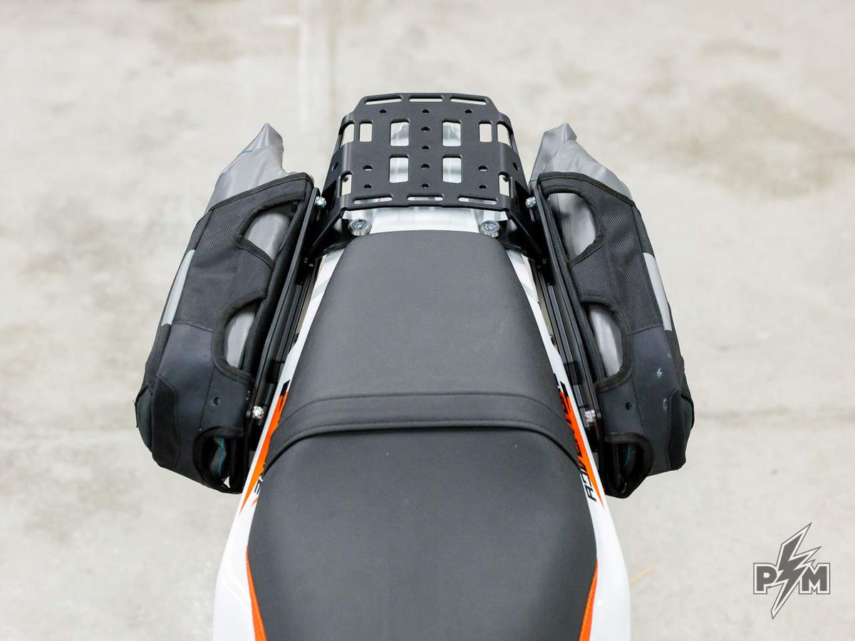 Perun Moto KTM 390 Adventure R or X / Enduro 390 AuxPox supports top-down view with bags installed