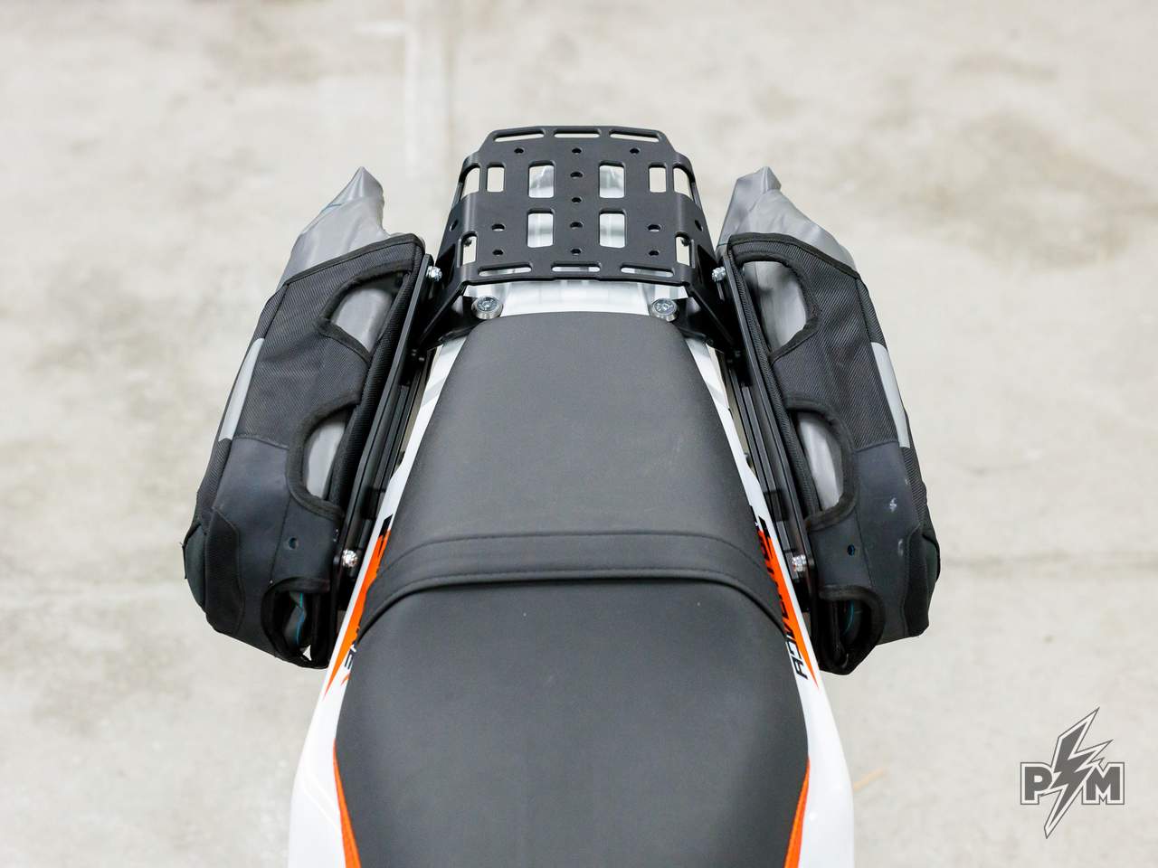 Perun Moto KTM 390 Adventure R or X / Enduro 390 AuxPox supports top-down view with bags installed