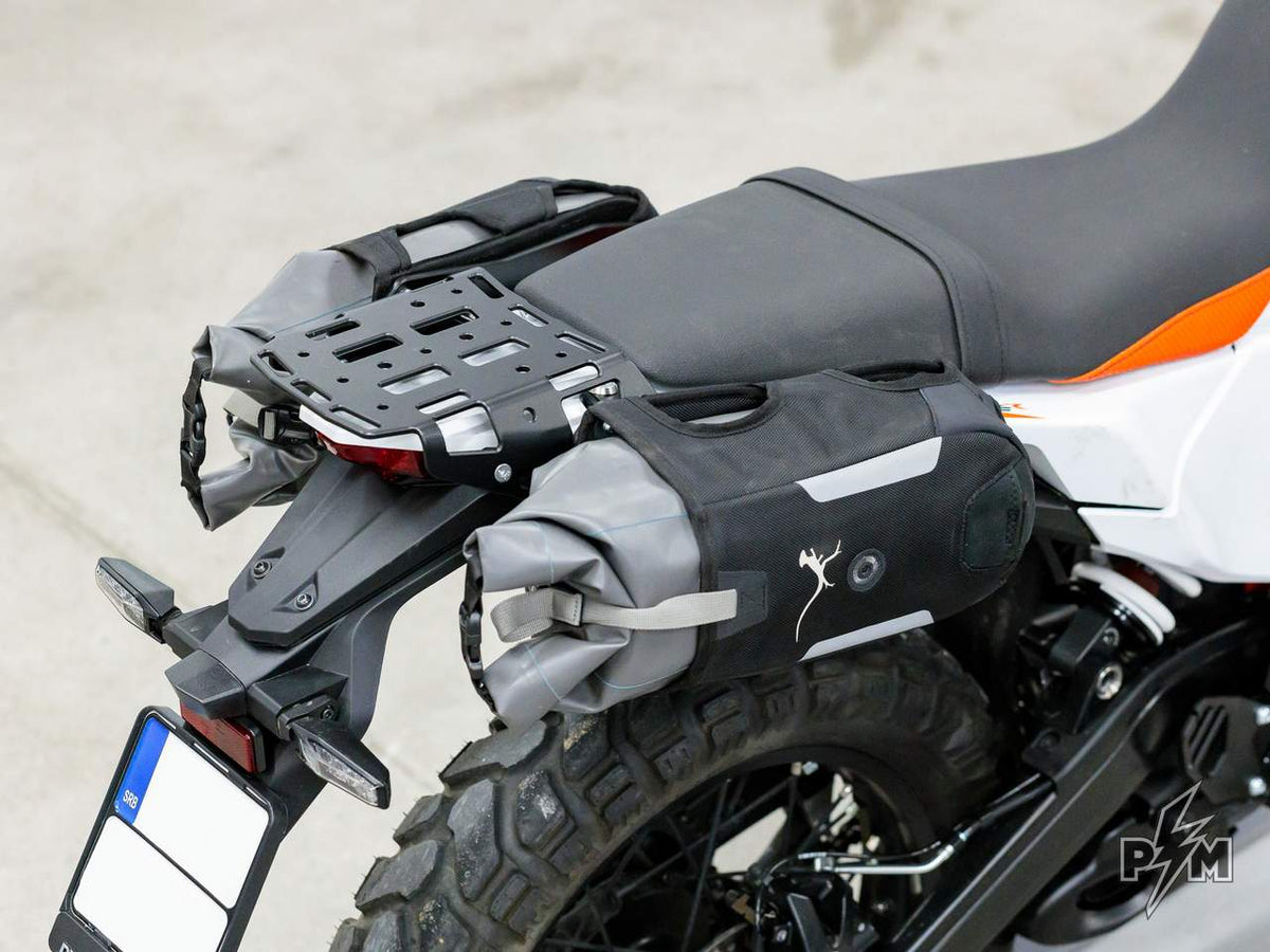 Perun Moto KTM 390 Adventure R or X / Enduro 390 AuxPox supports rear high angle view with bags installed