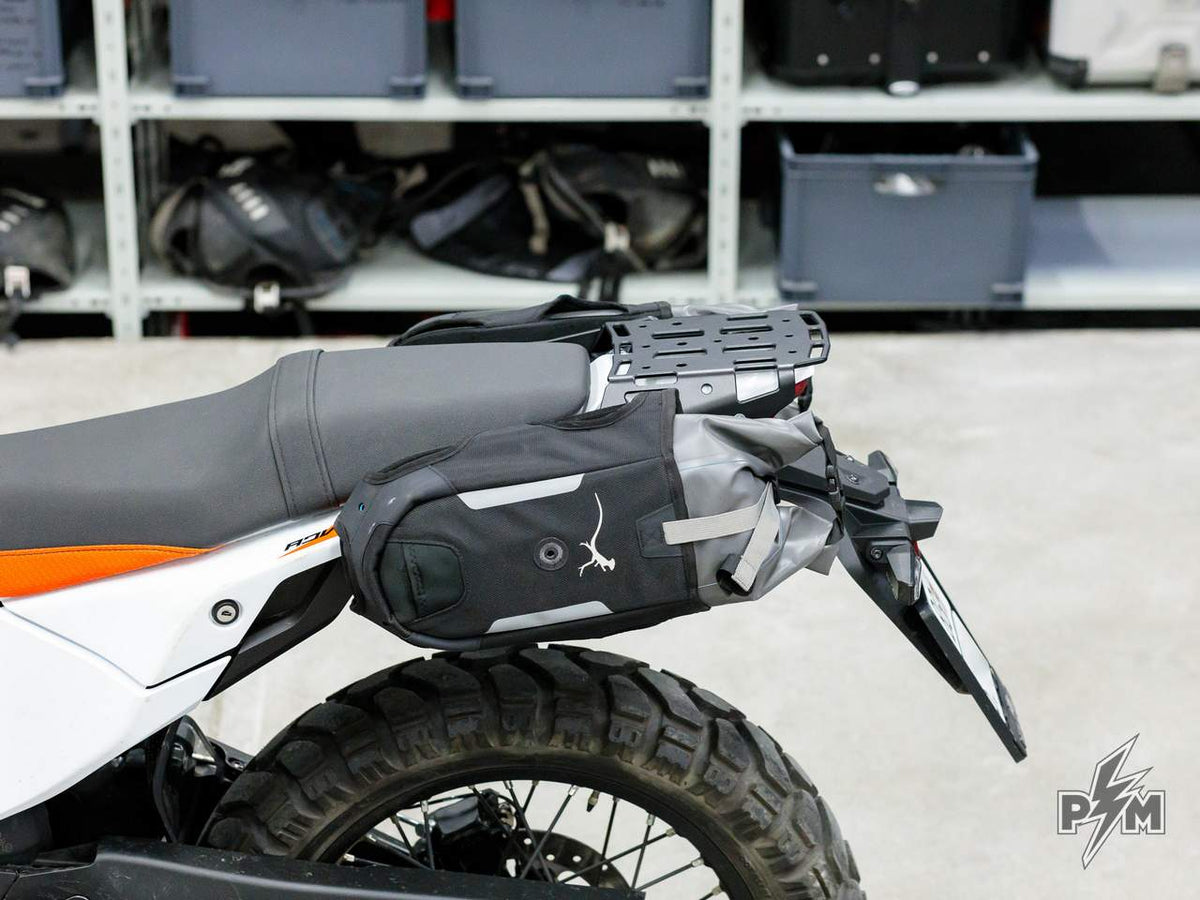 Perun Moto KTM 390 Adventure R or X / Enduro 390 AuxPox supports side view with bags installed