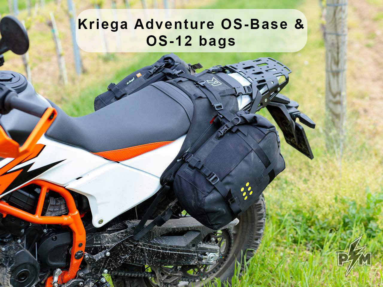 Perun Moto KTM 390 Adventure R, X & Enduro Top luggage rack, Heel guards and Rackless supports with Kriega Adventure OS-Base and two OS-12 bags