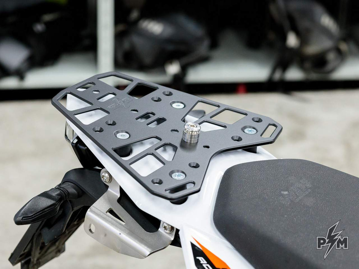 Perun moto Billet Top Rack Small for KTM 790 and 890 Adventure - product installed on the bike with Gnoblin mounted