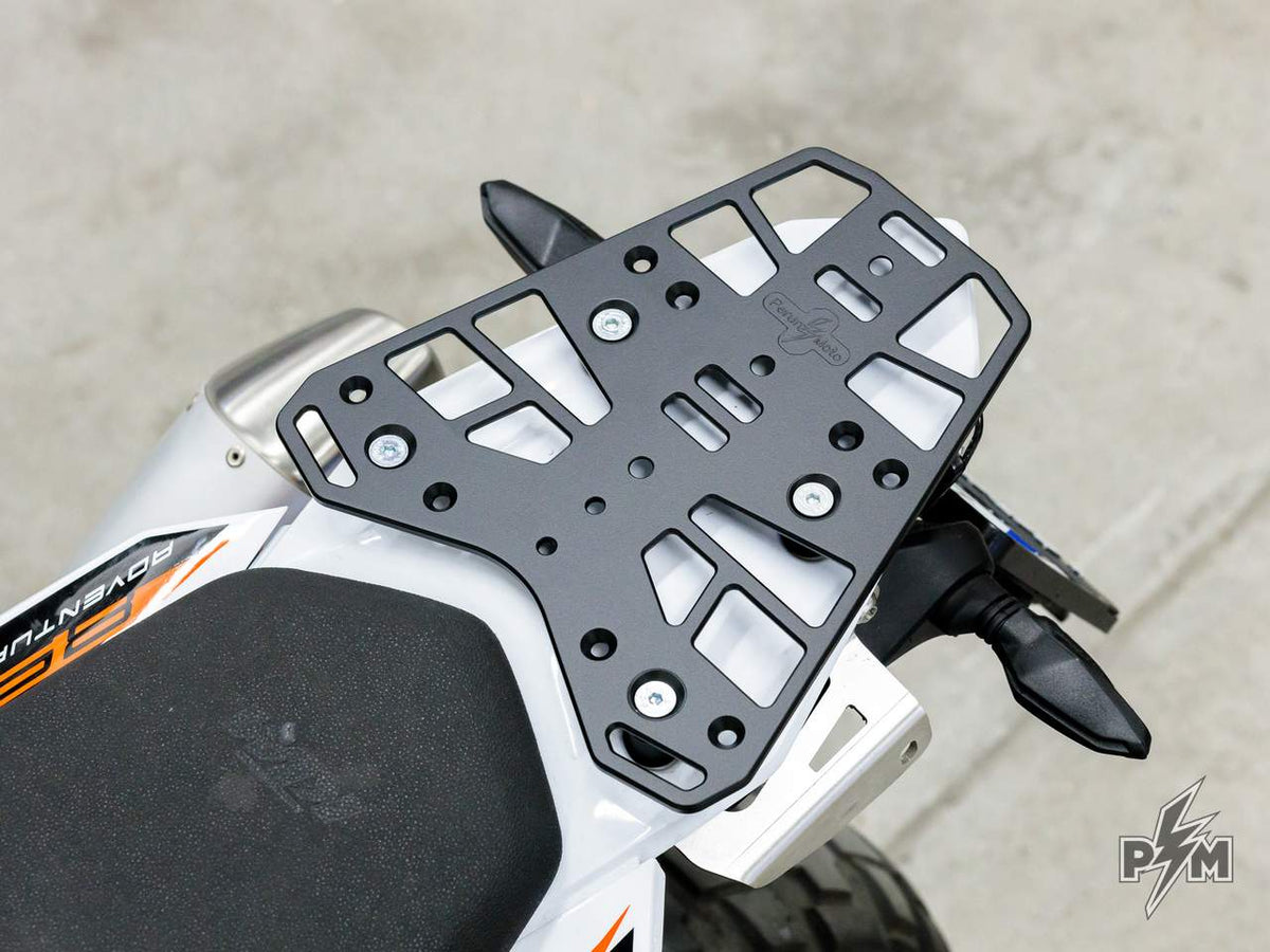 Perun moto Billet Top Rack Small for KTM 790 and 890 Adventure -  high angle view of the rack mounted on the motorcycle
