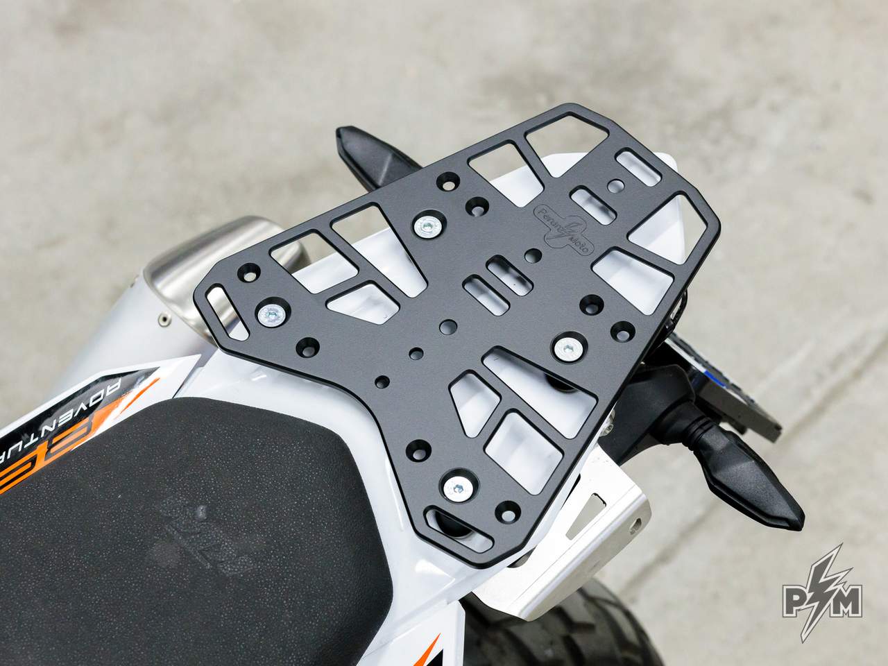 Perun moto Billet Top Rack Small for KTM 790 and 890 Adventure -  high angle view of the rack mounted on the motorcycle