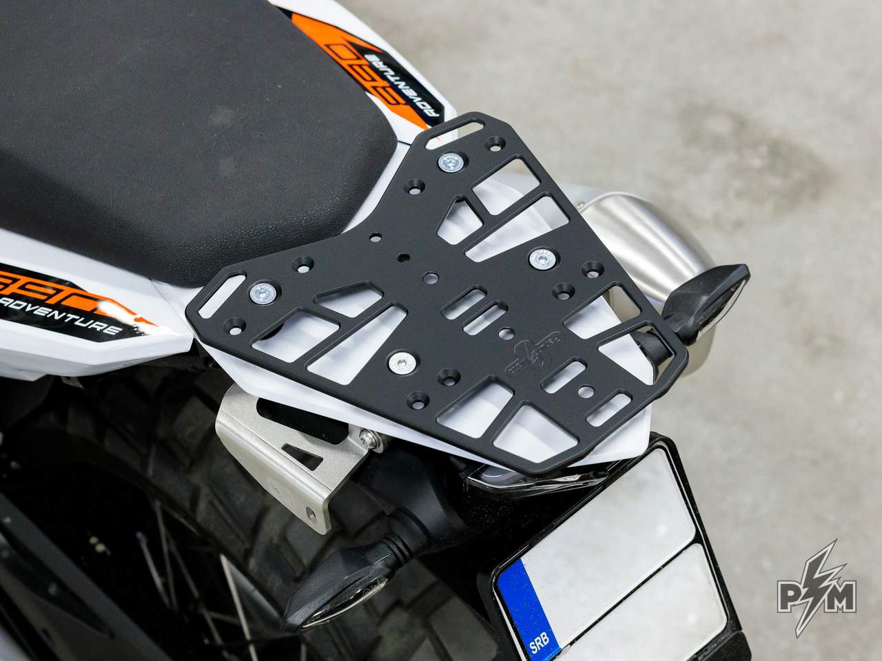 Perun moto Billet Top Rack Small for KTM 790 and 890 Adventure - high angle rear view of the rack installed on the motorcycle