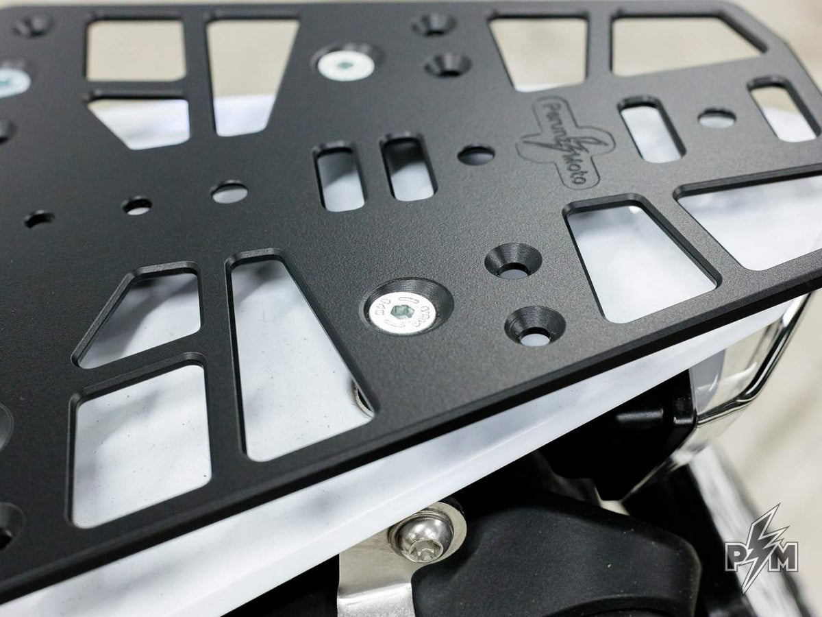 Perun moto Billet Top Rack Small for KTM 790 and 890 Adventure - detail photo showing angled holes of the integrated 3D spacer platform and chamfered edges
