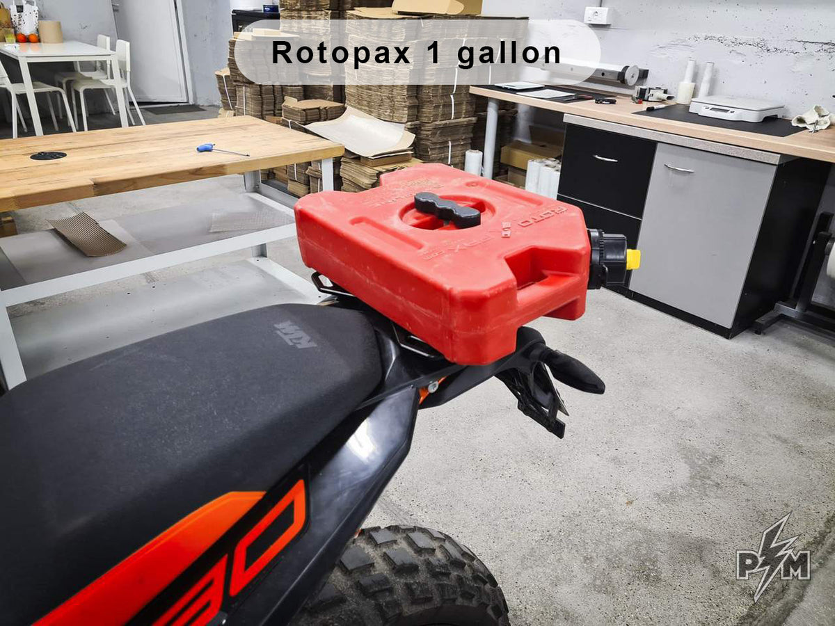 Perun moto Billet Top Rack Small for KTM 790 and 890 Adventure - with one gallon Rotopax fuel canister installed