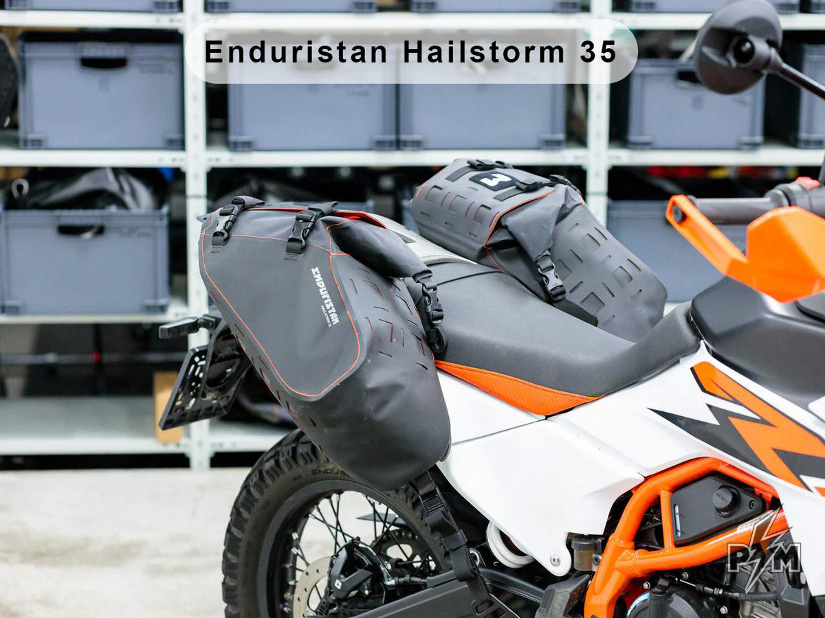 Perun Moto KTM 390 Adventure R, X & Enduro Top luggage rack, Heel guards with Enduristan Hailstorm 35 mounted with Anchor Point quick release system